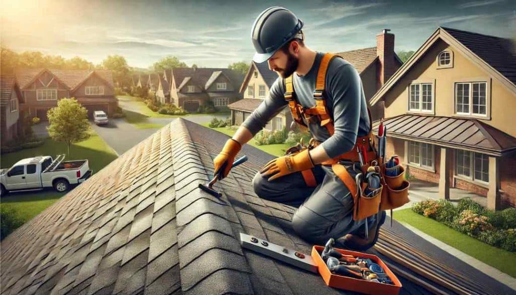 Roofing professional inspecting a roof